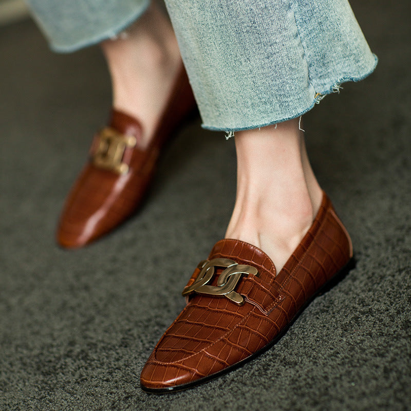 Queen Tianjiao leather spring metal buckle flat sole women"s Lefu shoes