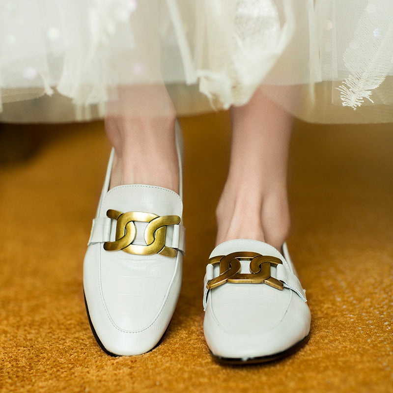 Queen Tianjiao leather spring metal buckle flat sole women"s Lefu shoes